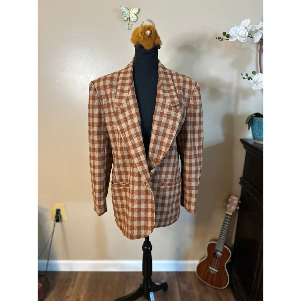 Vintage Classic Fashions Wool Blend Gingham Blazer Brown Cream Size 18